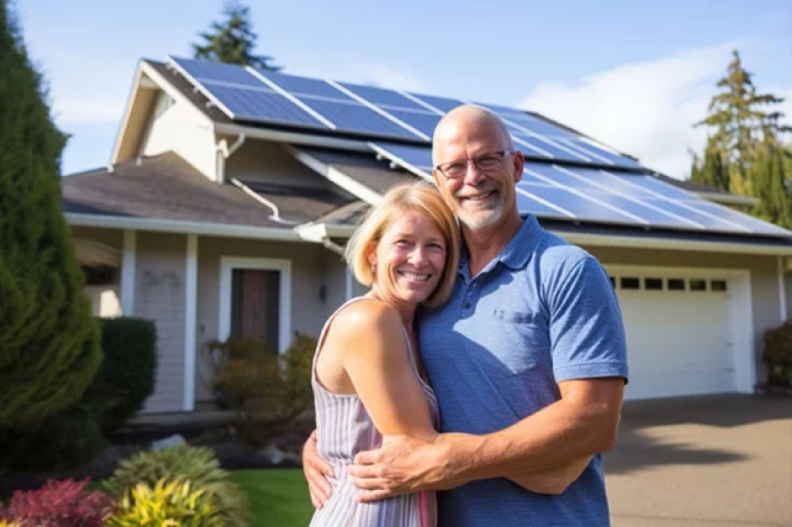 happy couple standing in front of Colorado home with solar panels
